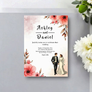 Romantic Bride And Groom Watercolor Floral Wedding Invitation