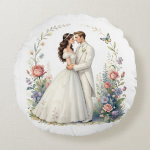 Romantic Bride Groom Floral Elegant Wedding Couple Round Cushion