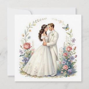 Romantic Bride Groom Floral Elegant Wedding Couple Thank You Card