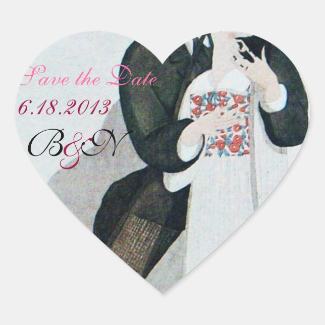 ROMANTIC BRIDE & GROOM SAVE DATE HEART MONOGRAM HEART STICKER (Front)