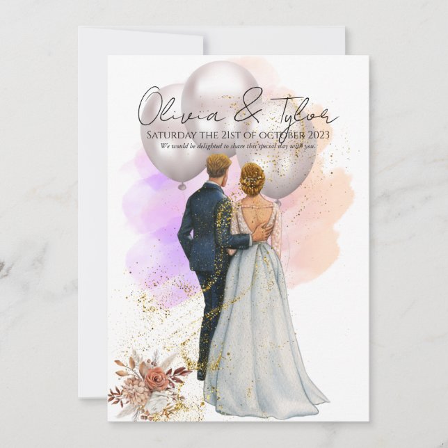 Romantic Bride & Groom with Balloons Invitation (Front)