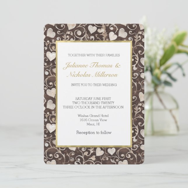 Romantic Brown Cream Hearts Wedding Invitation (Standing Front)