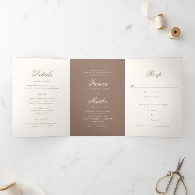 Romantic Brown Elegant Wedding Tri-Fold Invitation (Inside)
