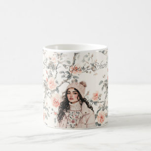 Romantic Brown Hair Girl in Hat Peach Roses Floral Coffee Mug