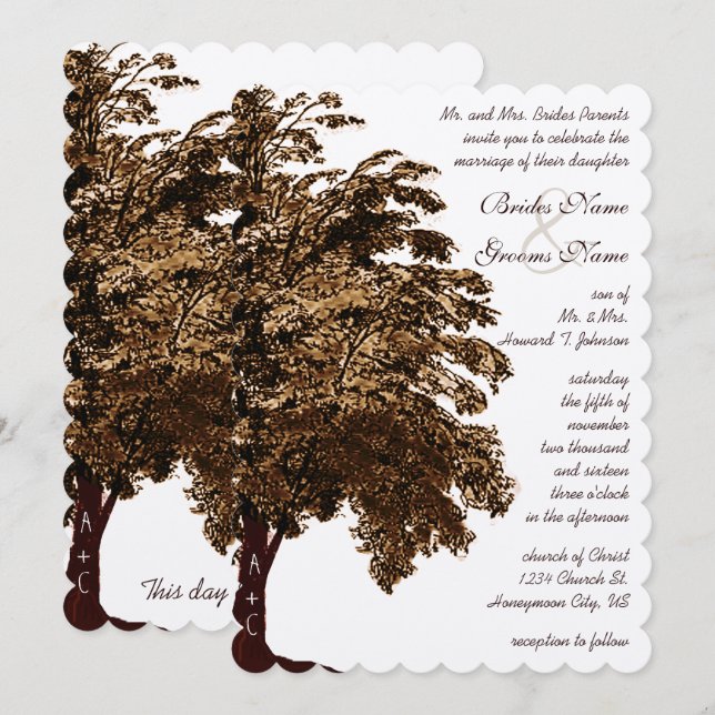 Romantic Brown Oak Tree Wedding Invitation (Front/Back)