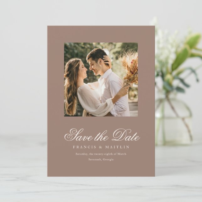 Romantic Brown Photo Elegant Wedding Save The Date (Standing Front)