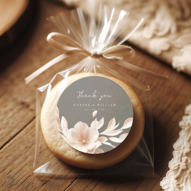 Romantic brown pink floral wedding thank you classic round sticker (chic wedding thank you sticker suitable for personalized gifts, such as homemade cookies
)