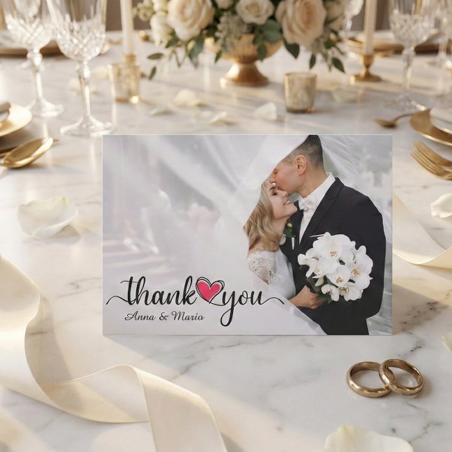 Romantic Brush Script Hot Pink Heart Wedding Photo Thank You Card (Creator Uploaded)