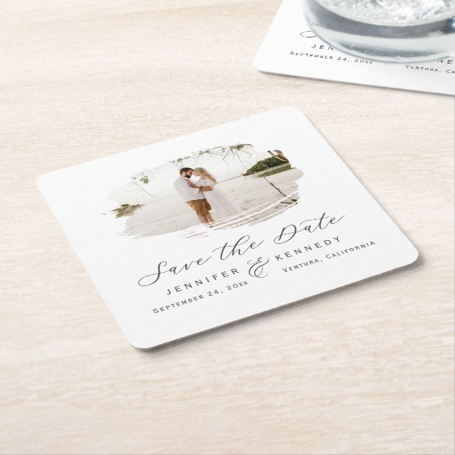 Romantic Brushed Frame Dark Grey Save the Date Squ Square Paper Coaster (Angled)