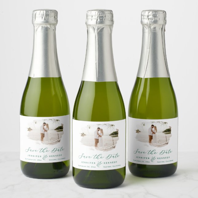 Romantic Brushed Frame Emerald Green Save the Date Sparkling Wine Label (Bottles)