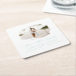 Romantic Brushed Frame Spa Blue Save the Date Square Paper Coaster