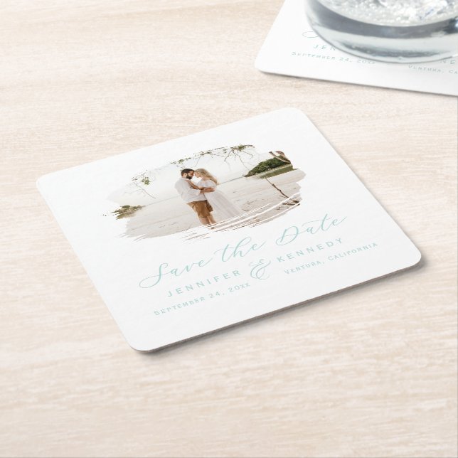 Romantic Brushed Frame Spa Blue Save the Date Square Paper Coaster (Angled)