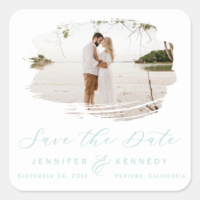Romantic Brushed Frame Spa Blue Save the Date Square Sticker (Front)