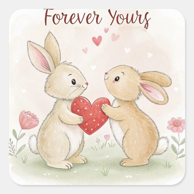 Romantic Bunny Card – Forever Yours Square Sticker (Front)