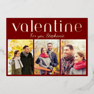 Romantic Burgundy 3 Photo Collage Valentine's Day Foil Holiday Card