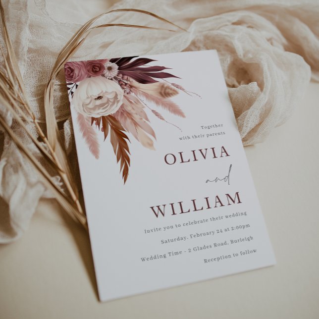 Romantic Burgundy and Blush Boho Floral Wedding Invitation (Creator Uploaded)