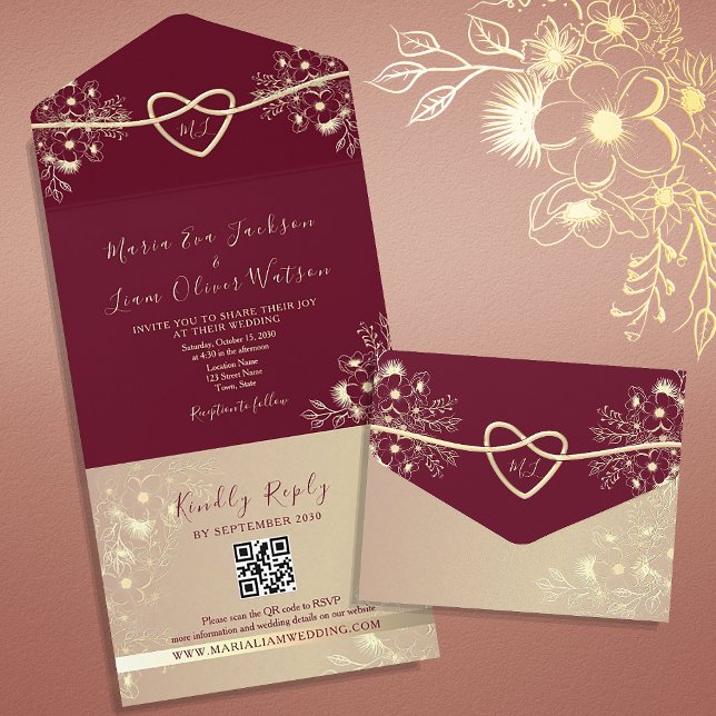 Romantic Burgundy and Gold Wedding QR Code All In One Invitation (Creator Uploaded)