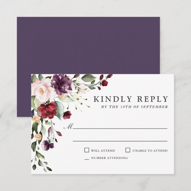 Romantic Burgundy and Plum Floral Wedding RSVP (Front/Back)