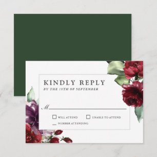 Romantic Burgundy and Plum Floral Wedding RSVP Card