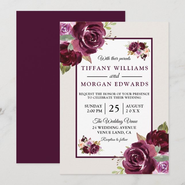 Romantic Burgundy Berry Flowers Elegant Wedding Invitation (Front/Back)