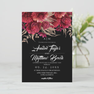 Romantic Burgundy Black Gold Floral Wedding Invitation