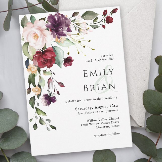 Romantic Burgundy Blush and Plum Wedding Invitation (Creator Uploaded)