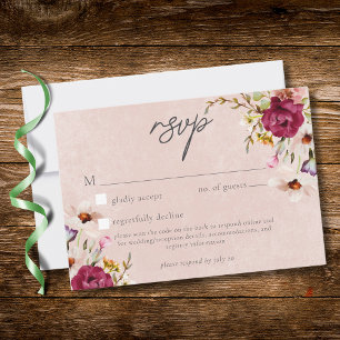 Romantic Burgundy Blush Floral Garden Wedding QR RSVP Card