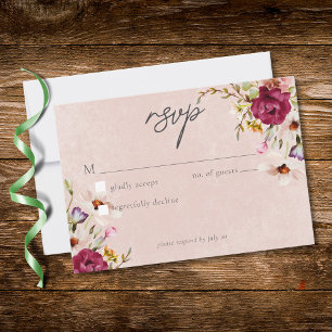 Romantic Burgundy Blush Floral Garden Wedding RSVP Card