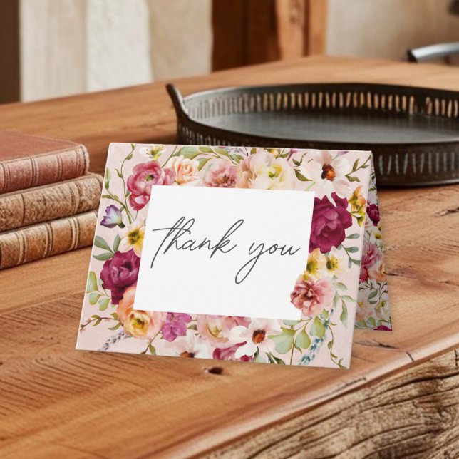 Romantic Burgundy Blush Floral Garden Wedding Thank You Card (Romantic Burgundy Blush Floral Garden Wedding Thank You Card)