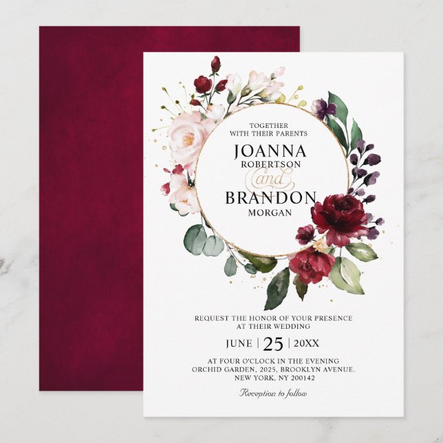 Romantic Burgundy Blush Floral Geometric Wedding Invitation (Front/Back)
