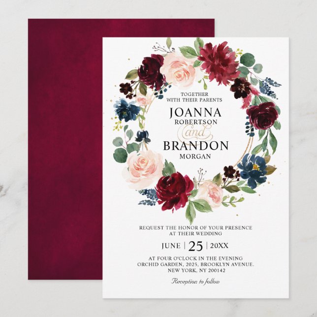 Romantic Burgundy Blush Floral Geometric Wedding Invitation (Front/Back)