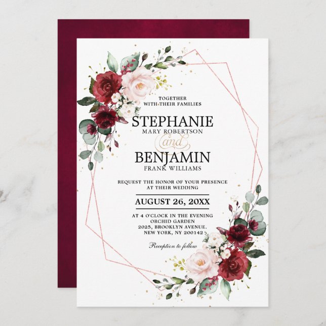 Romantic Burgundy Blush Floral Rose Gold Geometric Invitation (Front/Back)