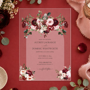 Romantic Burgundy Blush Floral Wedding Acrylic Invitations