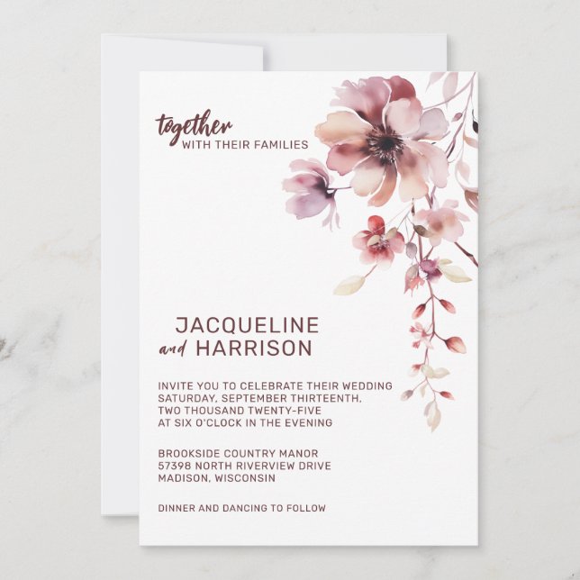 Romantic Burgundy & Blush Floral Wedding Invitation (Front)