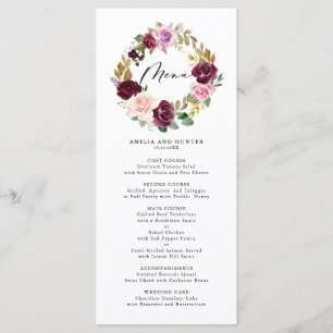 Romantic Burgundy Blush Floral Wreath Fall Wedding Menu