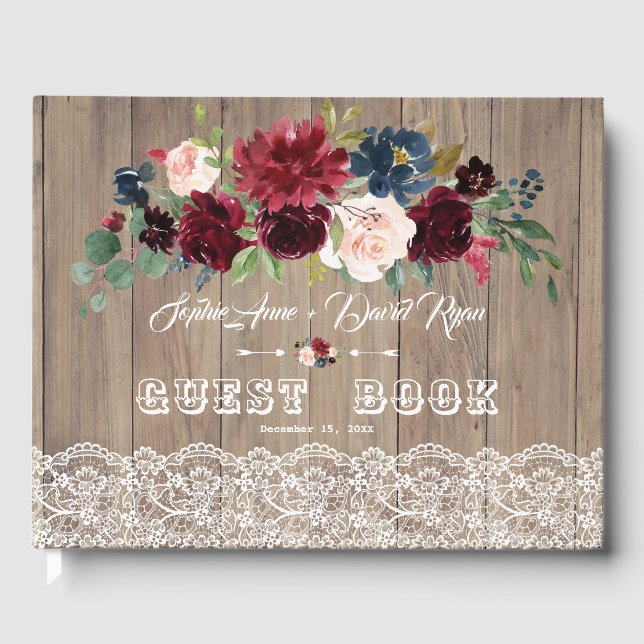 Romantic Burgundy Blush Flowers Lace Wood Wedding Guest Book (Front)