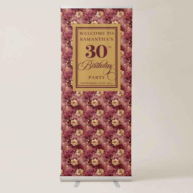 Romantic Burgundy Blush Gold 30th Retractable Sign (Front)