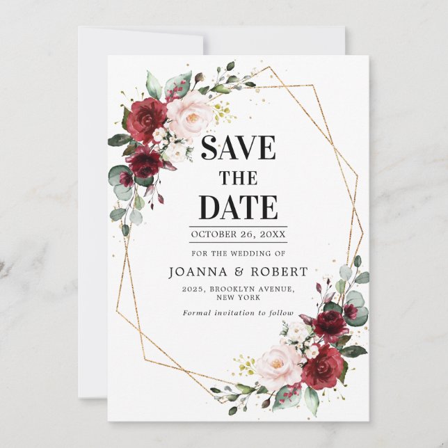 Romantic Burgundy Blush Pink Botanical Geometric Save The Date (Front)