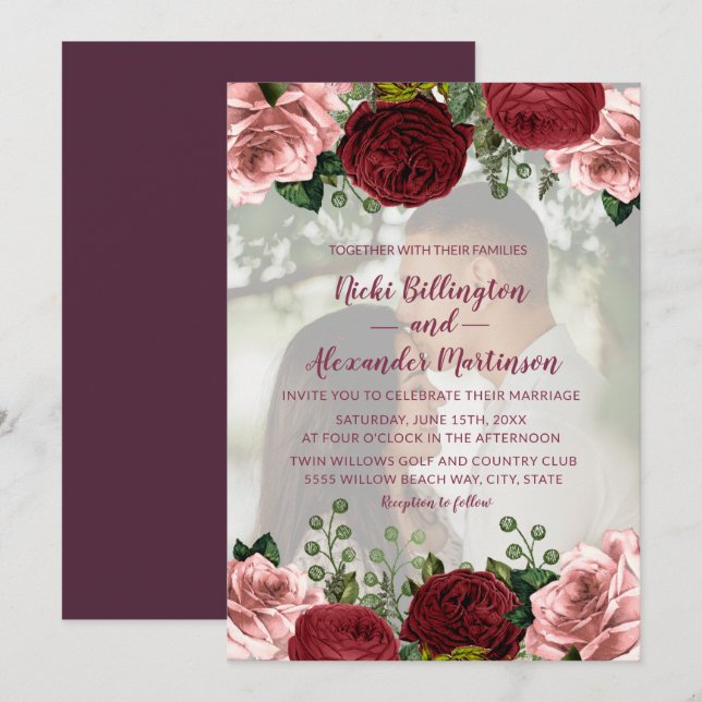 Romantic Burgundy Blush Pink Floral Photo Wedding Invitation (Front/Back)