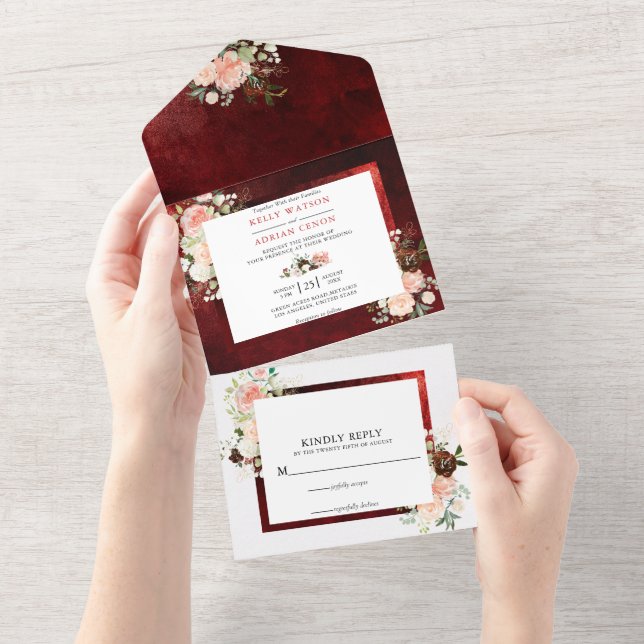 Romantic burgundy Blush Pink floral Rustic Wedding All In One Invitation (Tearaway)