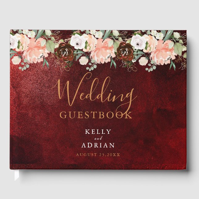 Romantic Burgundy Blush Pink Floral Rustic Wedding Guest Book (Front)