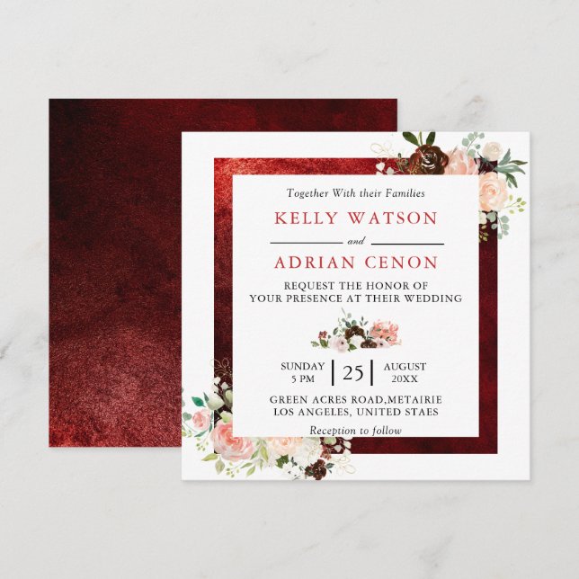 Romantic Burgundy Blush Pink Floral Rustic Wedding Invitation (Front/Back)