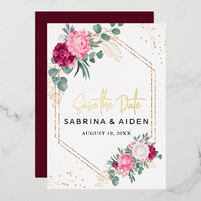 Romantic Burgundy Blush Pink Floral Save The Date (Front/Back)