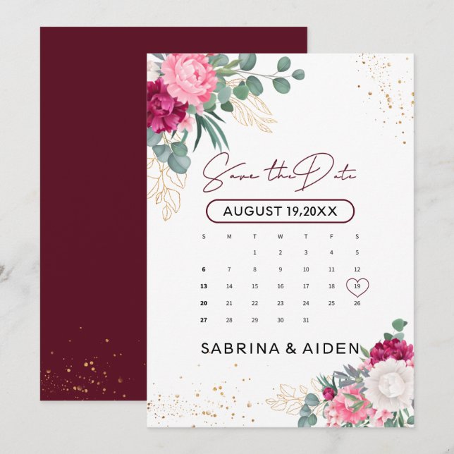 Romantic Burgundy Blush Pink Floral Save The Date  (Front/Back)