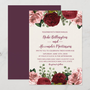 Romantic Burgundy Blush Pink Floral Wedding Invitation
