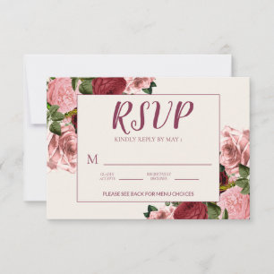Romantic Burgundy Blush Pink Floral Wedding RSVP Card