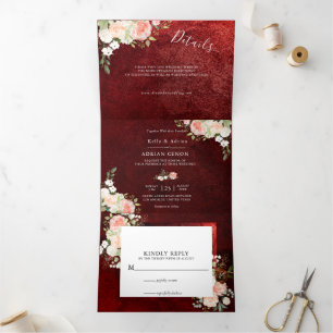 Romantic Burgundy Blush Pink Floral wedding  Tri-Fold Invitation