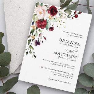 Romantic Burgundy Blush Plum Green Floral Wedding Invitation