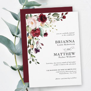 Romantic Burgundy Blush Plum Green Floral Wedding  Invitation
