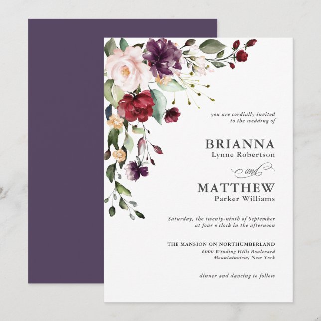 Romantic Burgundy Blush Plum Green Floral Wedding Invitation (Front/Back)